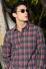 Maroon & Grey Checked Casual Shirt