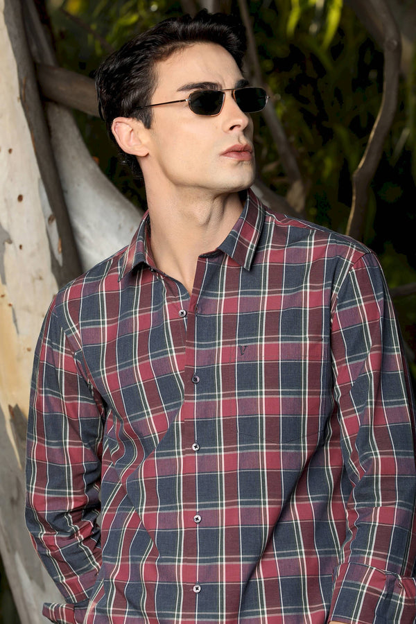 Maroon & Grey Checked Casual Shirt