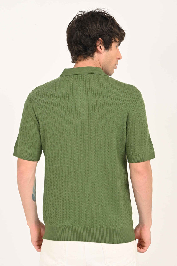 Cable-Knitted Polo T-Shirt - Green