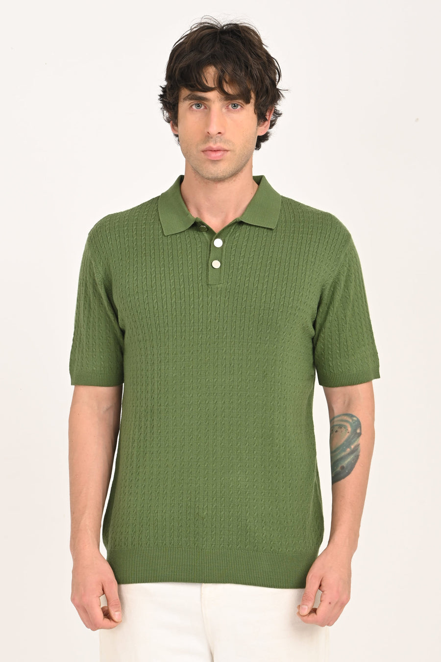 IVYN Cable-Knitted Polo T-Shirt in Green