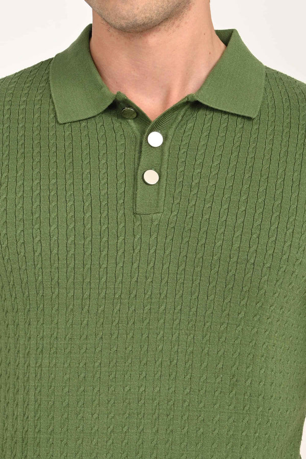 Cable-Knitted Polo T-Shirt - Green alternate view