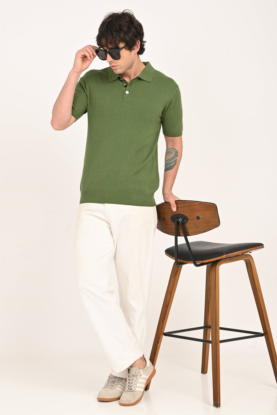IVYN Cable-Knitted Polo T-Shirt in Green