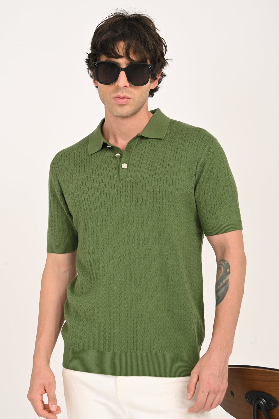 IVYN Cable-Knitted Polo T-Shirt in Green