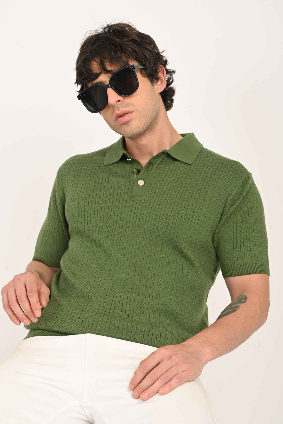 Cable-Knitted Polo T-Shirt – Green