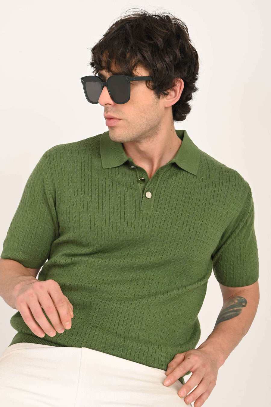 Cable-Knitted Polo T-Shirt – Green