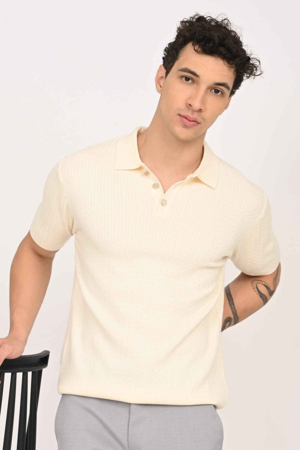 Cable-Knitted Polo T-Shirt - Cream (image 2)