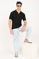 IVYN Cable-Knitted Polo T-Shirt in Black