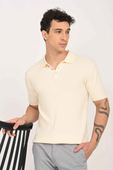 Cable-Knitted Polo T-Shirt – Cream