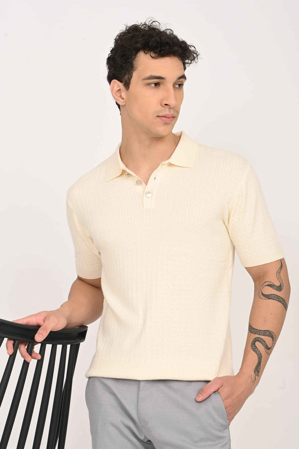 Cable-Knitted Polo T-Shirt - Cream