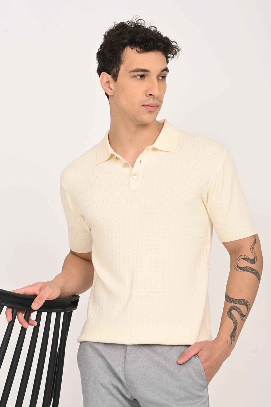 Cable-Knitted Polo T-Shirt – Cream