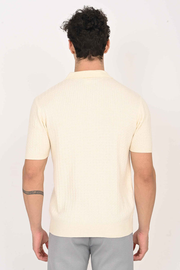 Cable-Knitted Polo T-Shirt - Cream alternate view