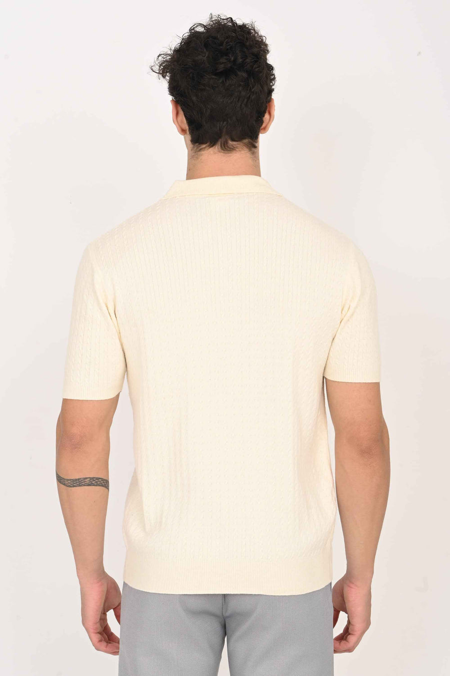 Cable-Knitted Polo T-Shirt – Cream