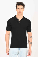 Cable-Knitted Polo T-Shirt – Black
