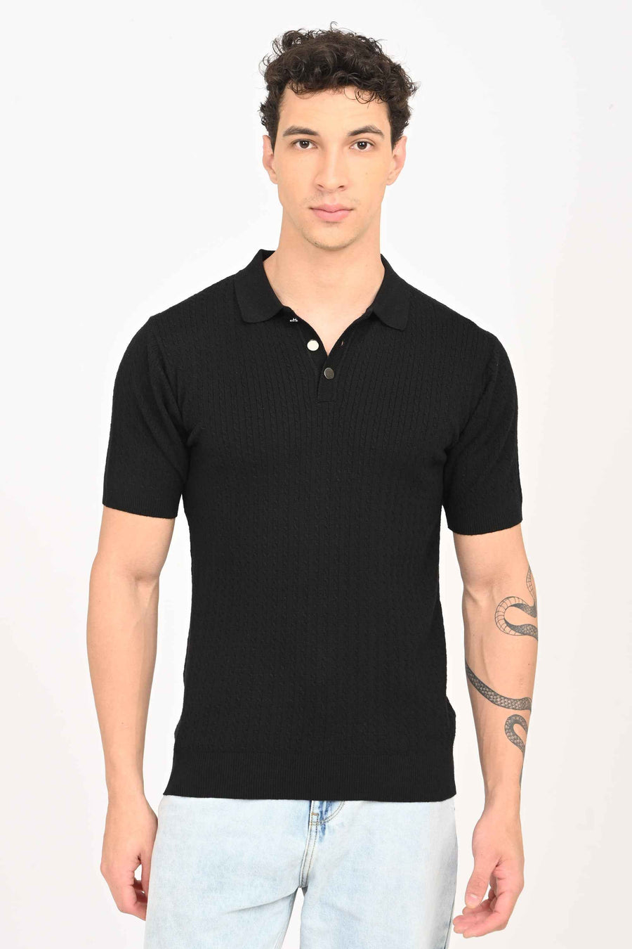 Cable-Knitted Polo T-Shirt – Black