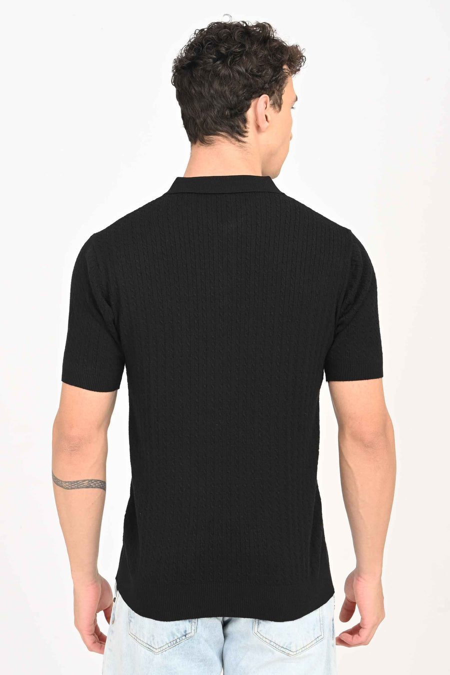 Cable-Knitted Polo T-Shirt – Black