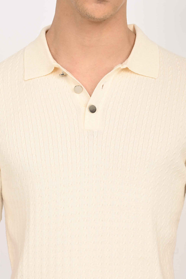 Cable-Knitted Polo T-Shirt - Cream (image 1)