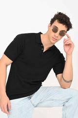 Cable-Knitted Polo T-Shirt – Black