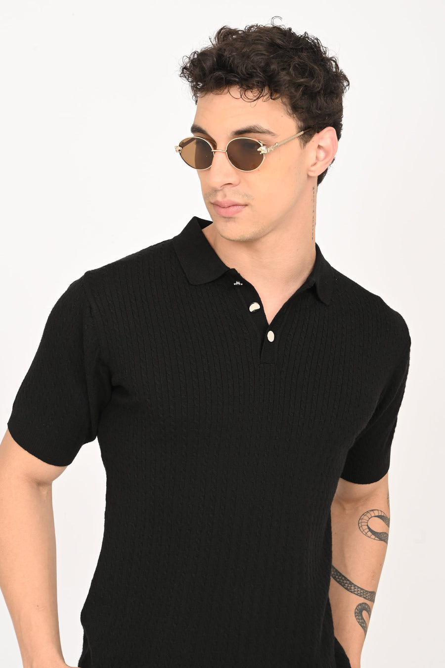 IVYN Cable-Knitted Polo T-Shirt back view in Black