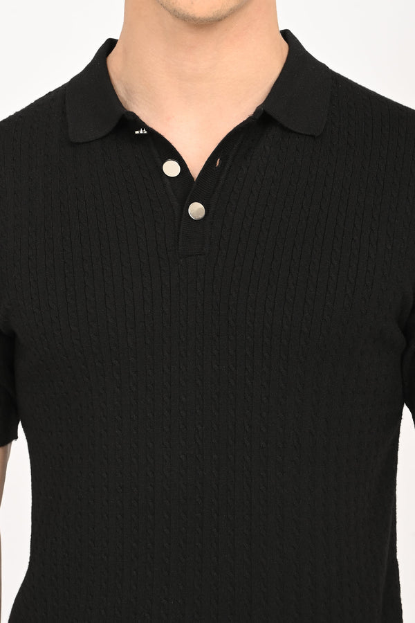 Cable-Knitted Polo T-Shirt - Black (image 2)