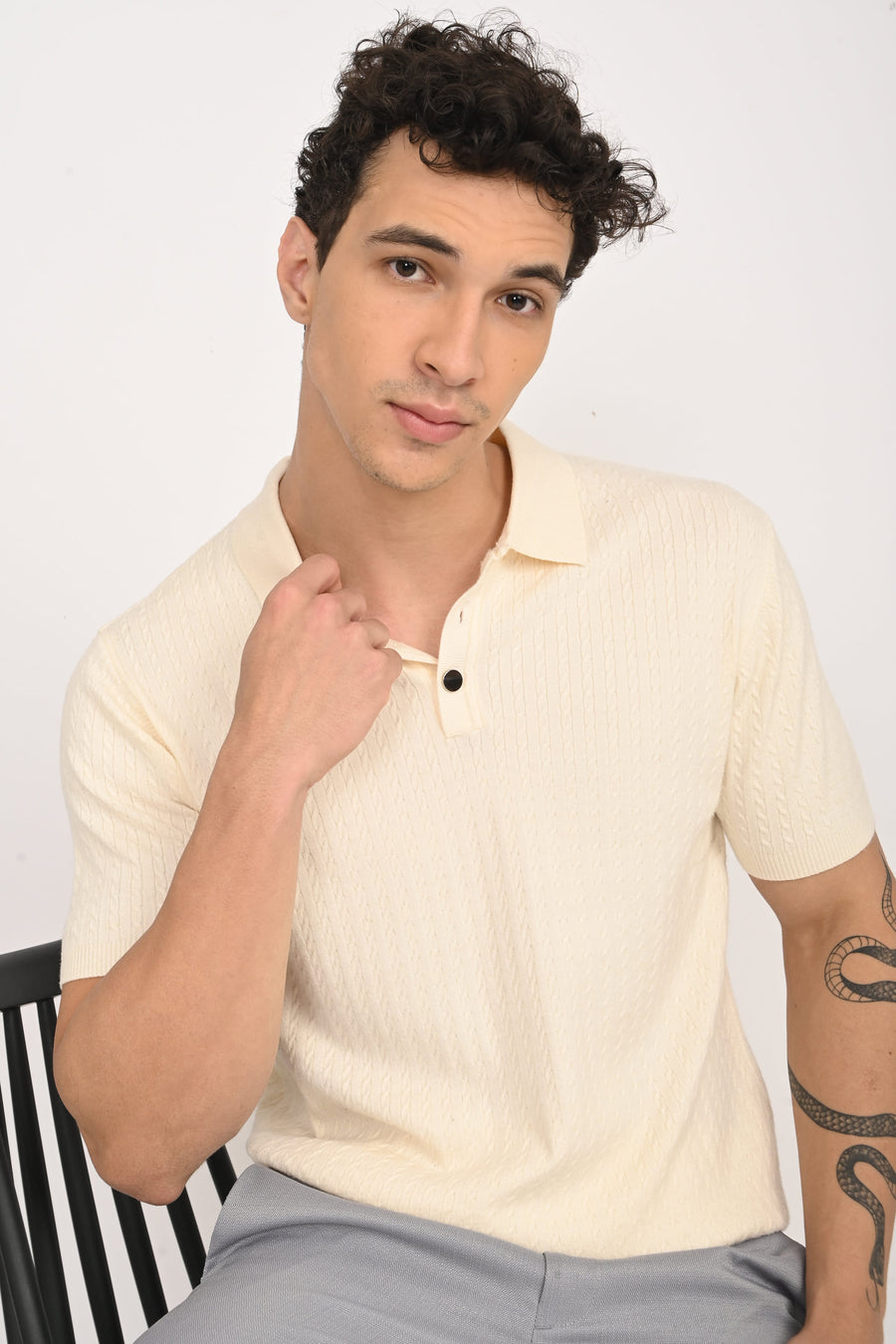 IVYN Cable-Knitted Polo T-Shirt in Cream