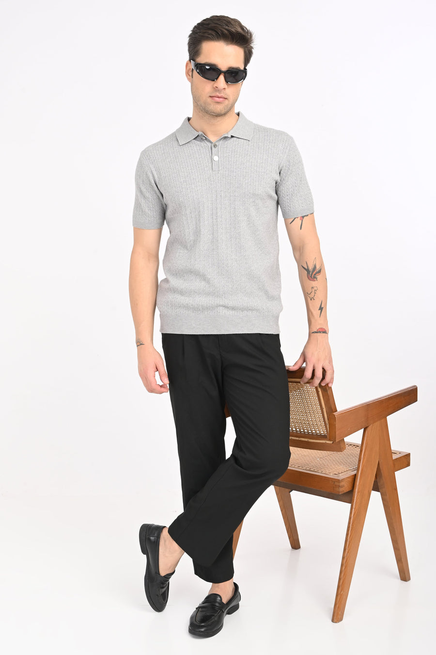 IVYN Cable-Knitted Polo T-Shirt in Grey