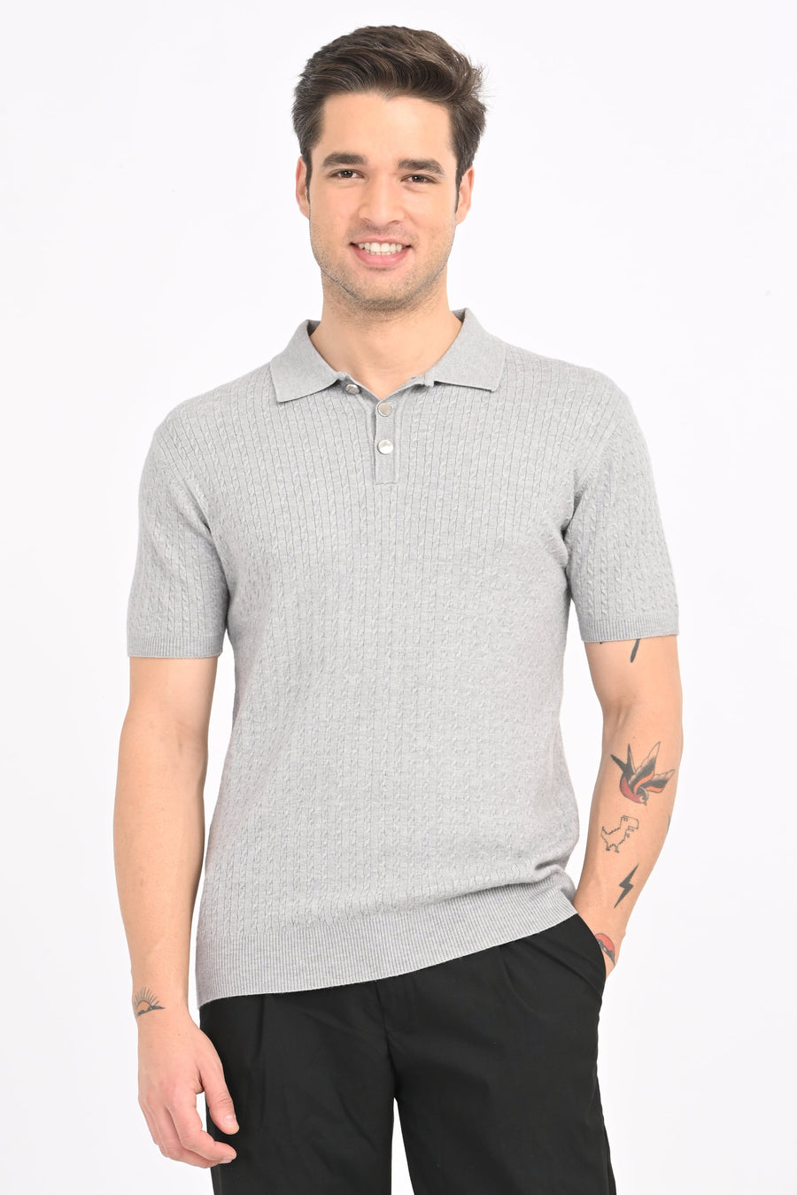 IVYN Cable-Knitted Polo T-Shirt in Grey
