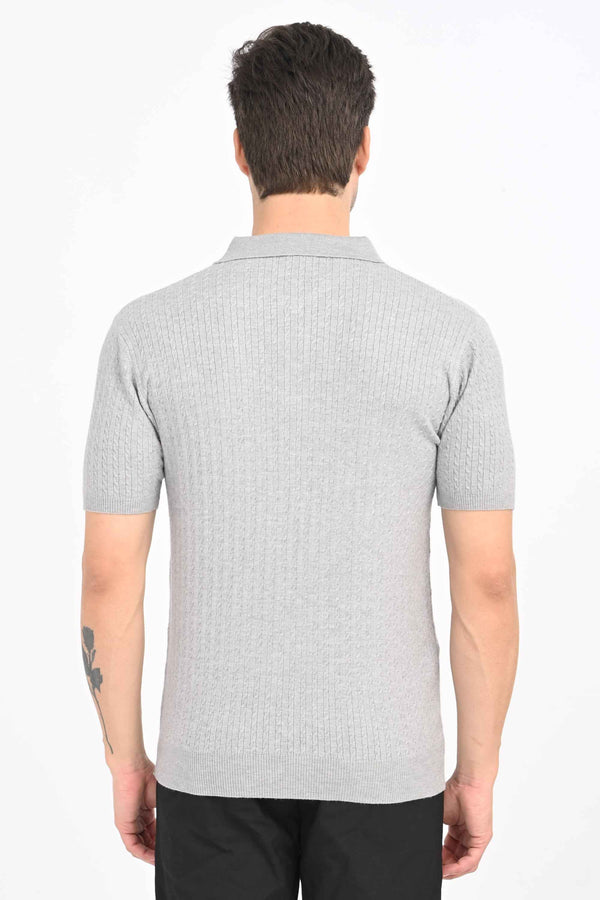 Cable-Knitted Polo T-Shirt - Grey (image 1)