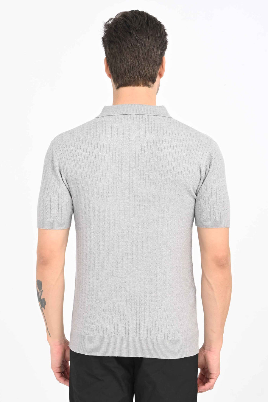 Cable-Knitted Polo T-Shirt – Grey