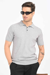 Cable-Knitted Polo T-Shirt – Grey