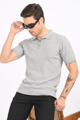 IVYN Cable-Knitted Polo T-Shirt in Grey
