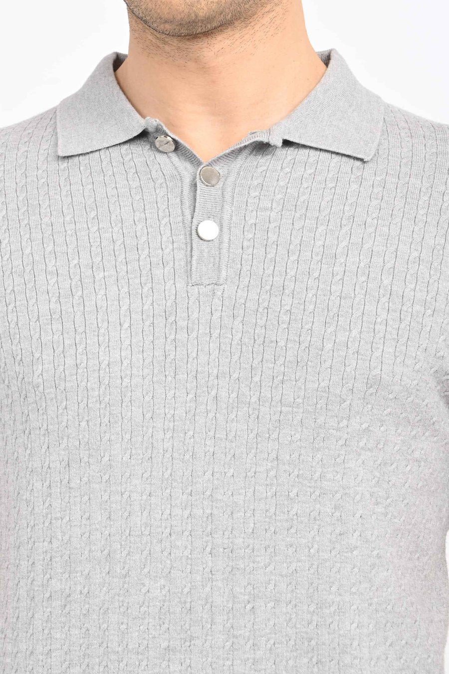Cable-Knitted Polo T-Shirt – Grey