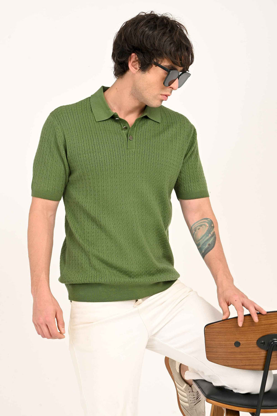 Cable-Knitted Polo T-Shirt – Grey