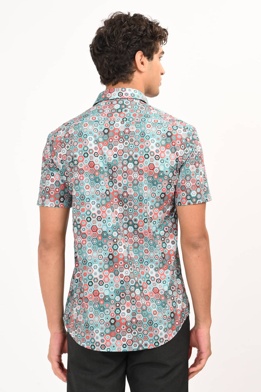 Multicolor Hexagon Print Half Sleeve Casual Shirt - IVYN