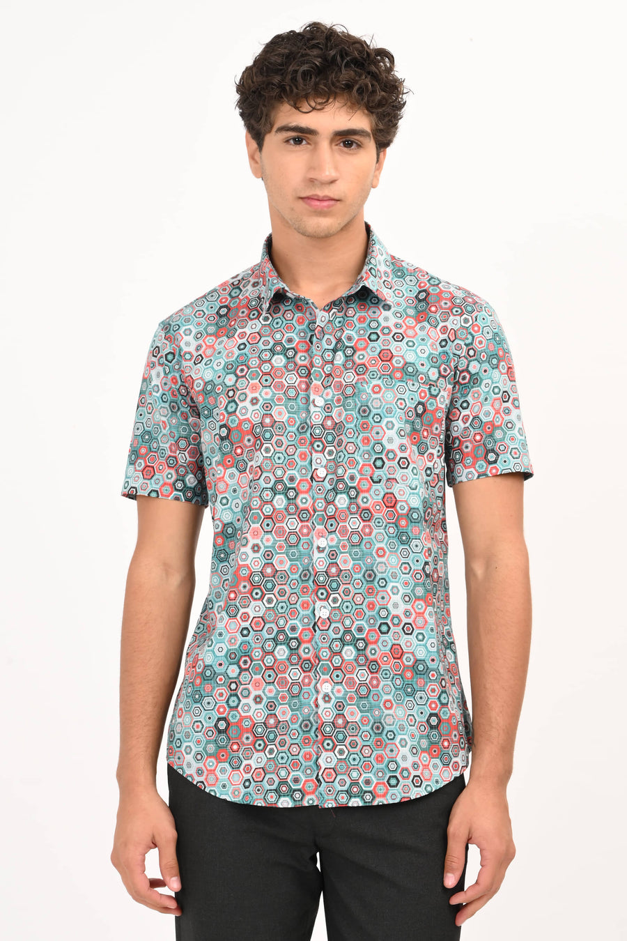 Multicolor Hexagon Print Half Sleeve Casual Shirt - IVYN