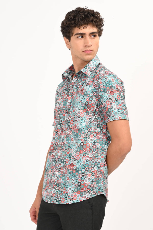 Multicolor Hexagon Print Half Sleeve Casual Shirt (image 3)