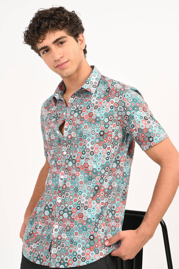 Multicolor Hexagon Print Half Sleeve Casual Shirt (image 5)