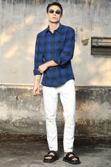 Navy Blue Checked Casual Shirt – Unifit, Full Sleeves - IVYN
