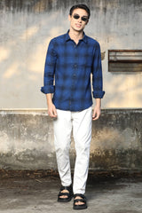 Navy Blue Checked Casual Shirt – Unifit, Full Sleeves - IVYN