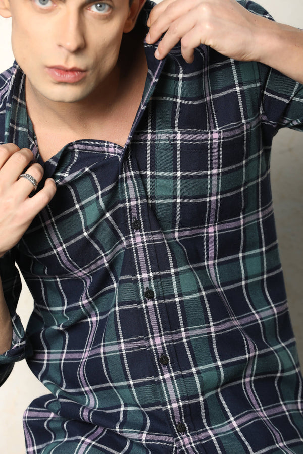 Navy-Green Checked Casual Shirt (image 1)