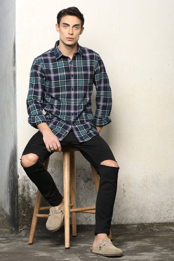 Navy-Green Checked Casual Shirt (image 4)