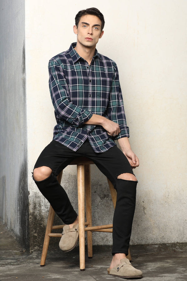 Navy-Green Checked Casual Shirt (image 5)