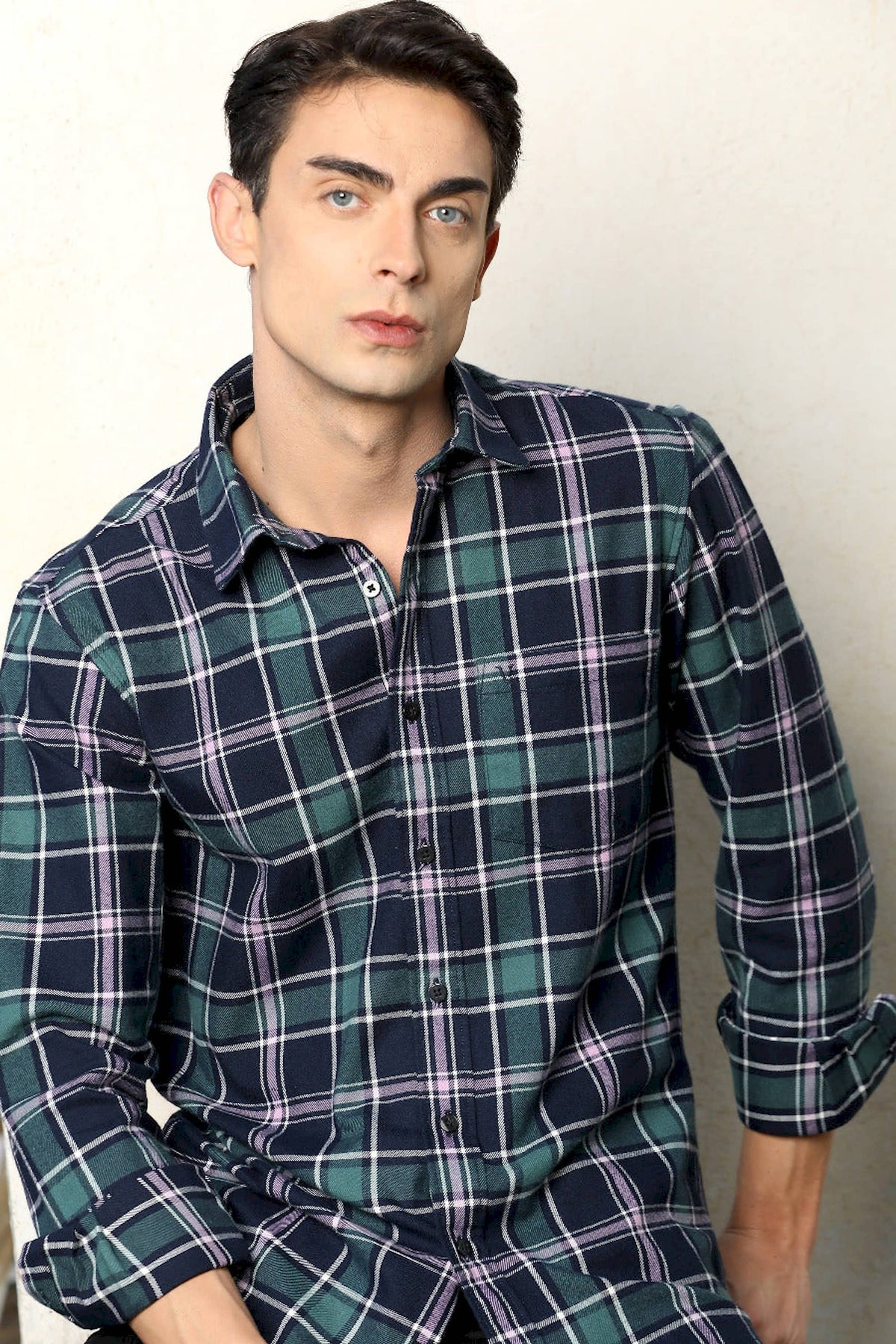 Navy-Green Checked Casual Shirt