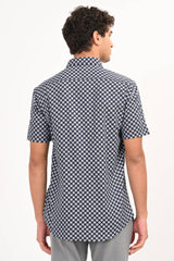 Navy Star Print Half Sleeve Casual Shirt - IVYN