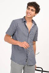 Navy Star Print Half Sleeve Casual Shirt - IVYN