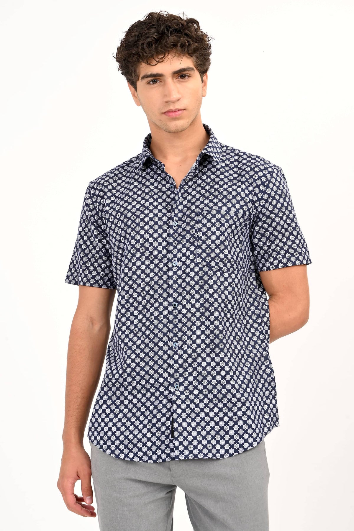 Navy Star Print Half Sleeve Casual Shirt