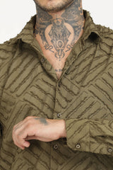Olive Green Classic Slim Fit Self Design Textured Casual Shirt - IVYN