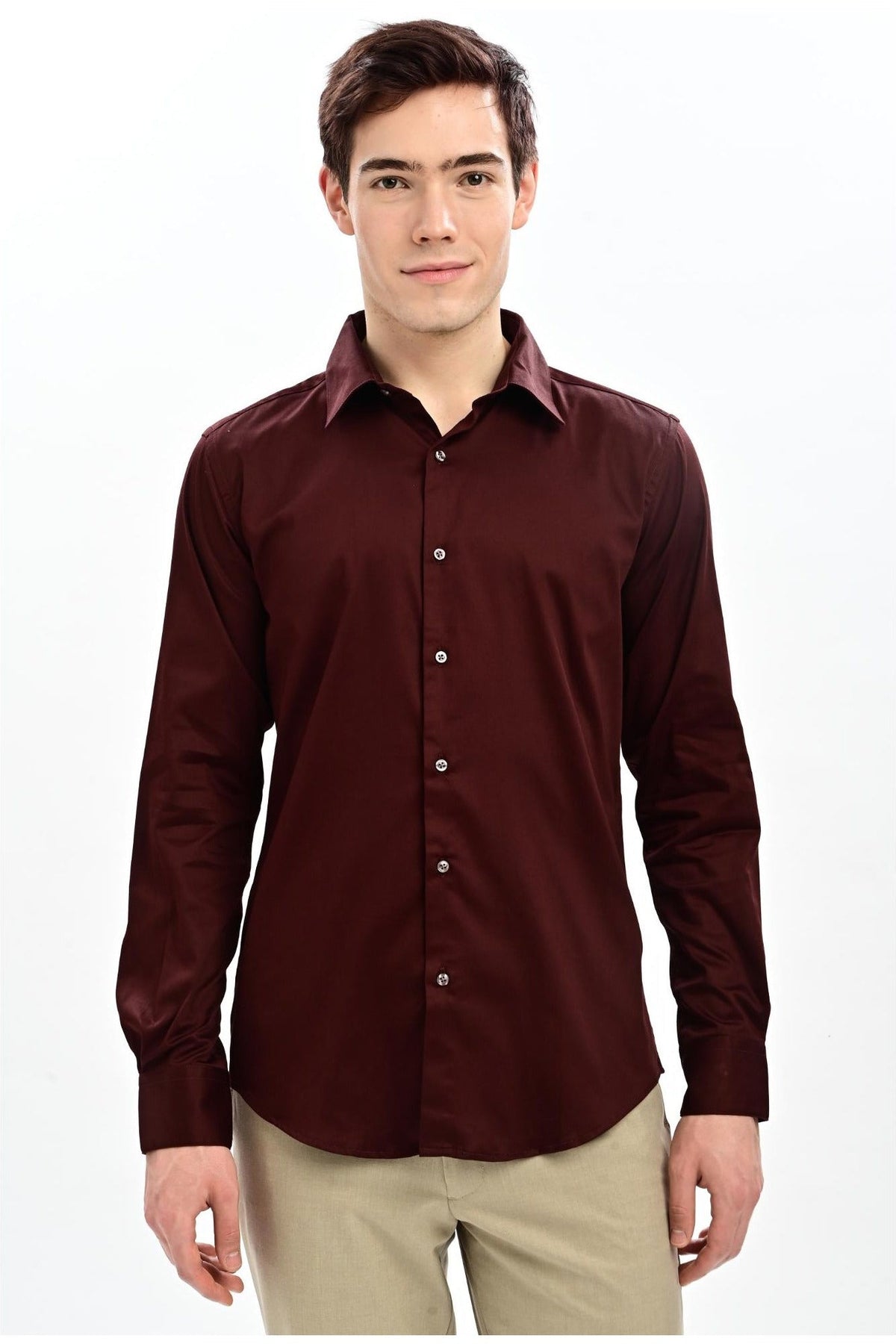 Oxblood Satin Slim Fit Formal Shirt