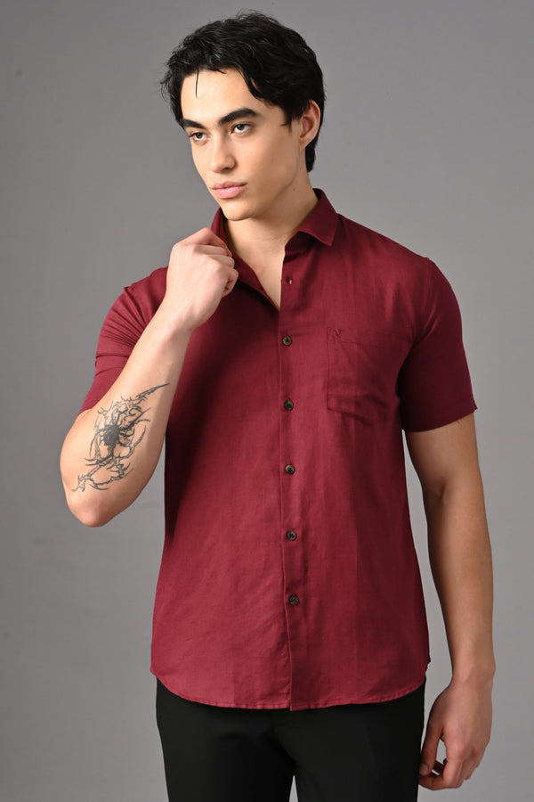 Premium Half Sleeve Linen Shirt - Maroon (image 2)