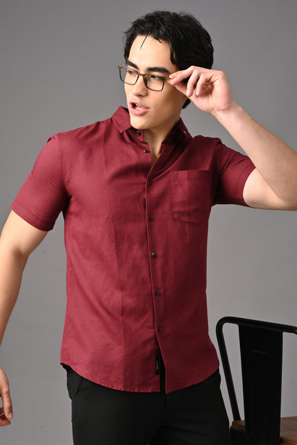 Premium Half Sleeve Linen Shirt - Maroon alternate view
