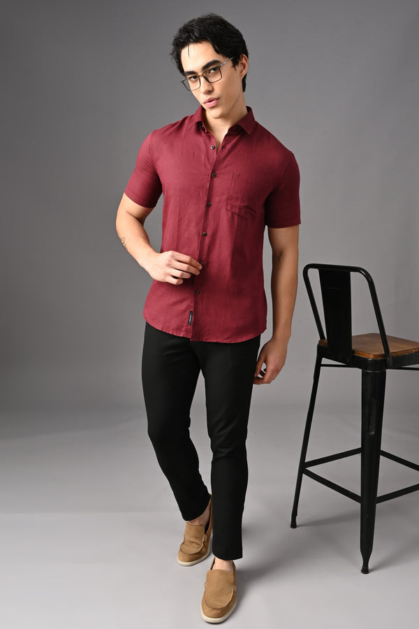 Premium Half Sleeve Linen Shirt - Maroon (image 5)